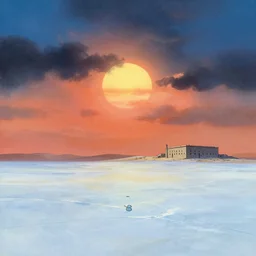 cute, dramatic sky, sun, empty frozen sahara desert, morning, prison far away, gouache matte painting by pixar studio makoto shinkai subtle frazetta shinkai ghibli gouache