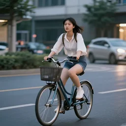 an asian girl rides a bicycle on the street at dusk