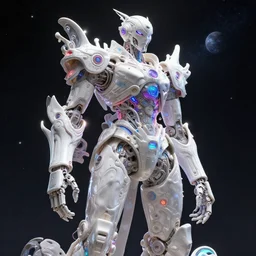 3 d octane render, ultra photorealistic, 8 k hyper detailed image unreal engine, beautiful space star planet, of a mystic esoteric robot samourai cyberpunk, neon, colored, monumental, organic ceramic white on the art contemporary art by alphosne mucha adolf hiremy hirschl