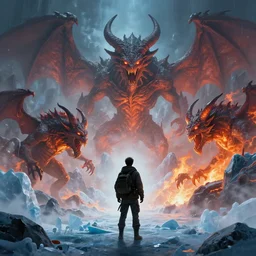 a man explores the icy corners of hell, fire demons, artstation