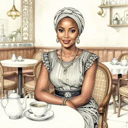 ethiopian woman in an elegant teahouse. color ink wash by award - winning mangaka, gothic horror, impressionism, depth of field, backlighting