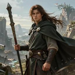 An epic fantasy comic book style portrait painting of a young man with a long brown hair wearing a cloak that waves in the wind as he holds onto a stave in front of an epic fantasy landscape, unreal 5, DAZ, hyperrealistic, octane render, cosplay, RPG portrait, dynamic lighting