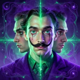 symmetry!! a portrait young tech mage with a salvador dali moustache and a soul patch by artgerm and greg rutkowski, purple and green colors, neon light, volumetric lighting, mystical vibe, magical, very detailed, intricate, 4 k