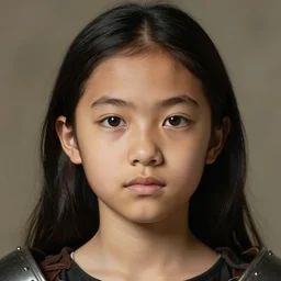 a light brown - skinned young girl with long black hair, brown eyes, straight eyebrows, small roman nose, big mouth, round face and long neck as a dnd knight, closeup portrait by gaston bussiere, j. c. leyendecker, craig mullins, symmetry!!, realistic face