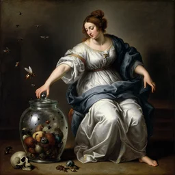 a painting of pandora opening her jar, releasing insects and critters that impersonate sickness and death, misery, she is fully dressed she is wearing robes in the style of realism and a masterpiece by artemisia gentileschi