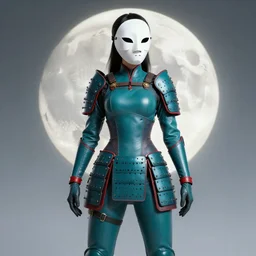 female adventurer in tight full - body teal leather armor of japanese design with red accents and a white porcelain crow mask, trending in artstation, japanese, artstation, big moon in the background establishing shot
