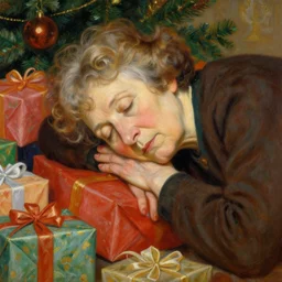 old woman with short wavy curly hair, asleep at christmas. surrounded by gifts. high quality detailed face. beautiful painting by artgerm and greg rutkowski and alphonse mucha