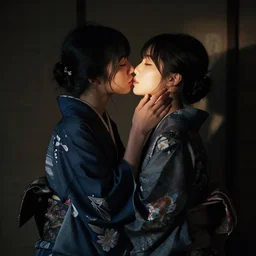 beautiful japanese model in half open kimono kissing another girl on cheek, dark mood, silhouettes