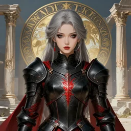 portrait light grey hair knights of zodiac girl + smoky eyes, matt black / little red color armor, in ruined agora of athens, ssci - fi and fantasy, intricate and very very beautiful and elegant, highly detailed, digital painting, artstation, concept art, frostbite engine, smooth and sharp focus, illustration, art by tian zi and wlop and alphonse mucha