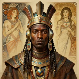 a retro futuristic african tribal chief, art by joseph christian leyendecker, design blocking by alphonso mucha and drew struzan, highly detailed, digital painting, airbrush, concept art, illustration, smooth sharp focus, intricate, symmetry,