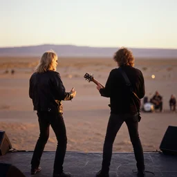 candid photograph from stage of robert plant and jimmy page from the back performing in the atacama desert by mark owen. kodak portra film!!. whirl bokeh!. mamiya 7. highly detailed. hq. photoreal. golden hour. in - frame