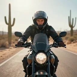 young man on a desert road on his motorcycle on a hot day, modular helmet, driving toward camera, close - up, worms - eye - view, cacti, cinematic lighting, dramatic backlight, long lens, bokeh, futuristic technology, masterpiece by louis klemantaski and james moy