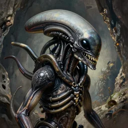 alien xenomorph on a cave, close - up portrait, intricate, elegant, volumetric lighting, scenery, digital painting, highly detailed, artstation, sharp focus, illustration, concept art, luis rollo, ruan jia, steve mccurry, john berkey