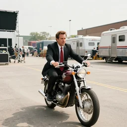 Andy Richter is dressed in a black suit and a red necktie and riding a motorcycle into a studio lot. The studio lot is filled with Soundstages and movie trailers. It is a bright afternoon and overcast.