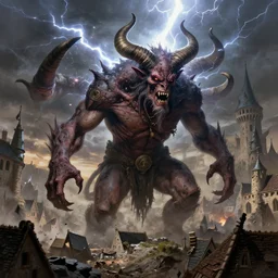 concept art illustration of a mastodonic brutalist demon with 5 horns destroying a medieval village, cinematic lightning, art by bernie wrightson