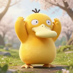 real life psyduck pokemon, cute!!!, heroic!!!, adorable!!!, playful!!!, chubby!!! fluffly!!!, happy!!!, cheeky!!!, mischievous!!!, ultra realistic!!!, spring time, slight overcast weather, golden hour, sharp focus
