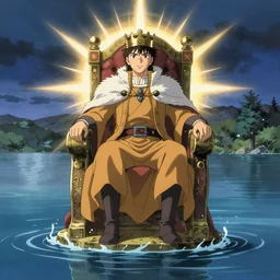 a lone king sitting on a throne floating on water in the middle of a lake drawn by Makoto Yukimura in the style of Vinland saga anime, full color, detailed