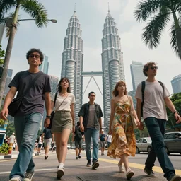 a cinematic extreme close - up of ( ( ( highly intricate people in casual wear walking in the street ) ) ), tropical morning, petronas twin towers in background, fantasy art, highly detailed matte painting, telephoto lens 2 0 0 mm, by stanley artgerm lau, greg rutkowski, thomas kinkade, alphonse mucha, loish, norman rockwell, artstation