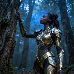 hyperrealistic very beautiful! black woman with detailed exoskeleton armor, touching tree in a forest, digital art masterpiece brad kunkle hannah yata dramatic blue light low angle hd 8k sharp focus