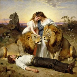 a couple in love feeding the lions while a man lies dead on the ground, highly detailed painting by gaston bussiere, craig mullins, j. c. leyendecker