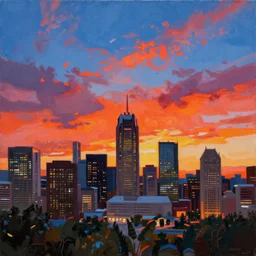 winnipeg skyline, sunset, vivid colors, painting by ay jackson, 4 k