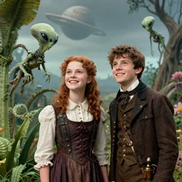 detailed, sharp, a girl and a boy standing next to some alien plants, looking happy, wearing 1850s era clothes, their small pet alien creature is hovering nearby, in a park on an alien planet, steampunk, extremely highly detailed, hyperrealistic, in focus faces, highly detailed faces, 70 mm still from a period sci fi movie, 4k, HD