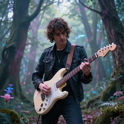 john frusciante playing epic solo on his stratocaster in a magic forest, dreamy, dramatic lighting, pastel colors, high detailed, dark energy, cinematic, one subject, by ruan jia