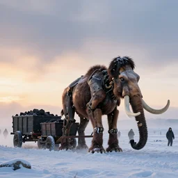 “photo color of one biomechanical mammoth/wagon/mamouth in an arctic storm with fog and blizzard, the mammoth drags old gigantic coal wagons with snow, it's a sunset photo with cold tones, some people around ”