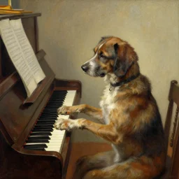 a dog playing piano by Gaston Bussiere, Craig Mullins