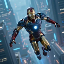 iron man with a black and blue futuristic armor flying above a blue - themed cyberpunk city, 4 k, futuristic, realistic
