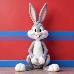 photo of bugs bunny sitting infront of a red wall with blue stripes ultra realistic, hyper realistic, highly detailed, sharp focus, digital art