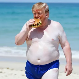 donald trump in swimming shorts drenched in sunscreen lotion, translucent white skin, morbidly obese, eating a burger on the beach