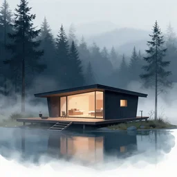 ( ( dither ) ), editorial illustration from an angle at a cozy lakeside cabin designed by zaha hadid in a forest at night, fog, colorful, modern art deco, mads berg, karolis straututniekas. ( ( christopher balskas ), fine texure, dynamic pose, detailed, matte print, lomography, dramatic lighting, unreal engine
