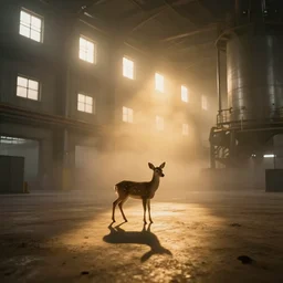 a weak shadow of a tiny deer standing majestic outside a mega large industrial room with small windows, golden light, thick mist, backlit, insane details, hyperrealistic photo by jimmy nelson, trending on artstation