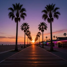 sunset, boardwalk, palm trees, synthwave, neon