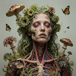 beautiful and detailed rotten woman corpse with fractal plants and fractal flowers and mushrooms growing around, face muscles, veins, arteries, intricate, ornate, worms, flies, butterflies, surreal, ray caesar, john constable, guy denning, dan hillier