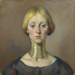 expressive distorted medium shot portrait of a woman with long neck, big ears and a small head, short blonde hair, brown and blue palette, oil painting, impasto, muted colors, artwork by arnold bocklin