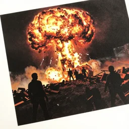 a close - up grainy risograph, matte painting of a scene from the terminator doomsday atomic explosion by moebius and lehr paul