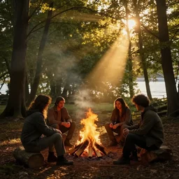 sitting around the fire, forest, sea, highly detailed, cinematic, ray of golden sunlight