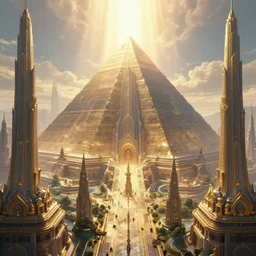 an futuristic futurepunk majestic city with temples with a giant pyramid and bright sun rays 8 k highly detailed hyperornate by marc simonetti and caspar david friedrich, trending on artstation