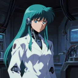 late 8 0's dark anime movie still : : dystopian interior art : : long cyan haired robot science woman researcher : : somber far future cables lab background : : watching seriously