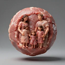 portrait of a family having been sewn together and compressed and moulded into a levitating spheroid of meat. perfectly composed, beautiful studio lighting and impeccable focus.