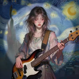 portrait of a beautiful girl, playing a bass guitar, messy hair, sad, dreaming, dark pastel colors, beautiful face, rule of thirds, intricate outfit, spotlight, by greg rutkowski, by jeremy mann, by francoise nielly, by van gogh, digital painting