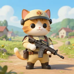 cute anthropomorphic cat field medic with an assault rifle standing on a dirt road with a rural town in the background, matte fantasy painting, highly detailed, d & d artwork by akira toriyama, trending on artstation, 4 k, volumetric lighting