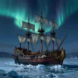 digital painting of a 18th century ship stuck in ice on a cold sea at night. Sharp focus. Northern lights. Cinematic composition. Highly detailed. Low light, high contrast. Baroque.