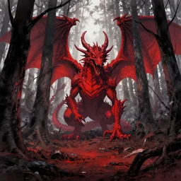 a landscape of a forest at hell by takeshi obata and mike mignola, hell, dragons, red and black colors, colors, abandoned buildings, forest with trees with faces, small demons, shadows screaming, night sky, highly detailed, cgsociety, artstation, pencil and ink, very detailed