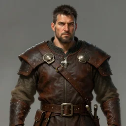 portrait, 50 years old man :: short, stocky build :: dark, short hair and a whisker :: medieval leather workwear :: high detail, digital art, fantasy, RPG, concept art, illustration