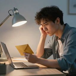 a young man looking at an envelope, unhappy, desk lamp, modern room, side shot angle, stunningly detailed digital art, masterpiece