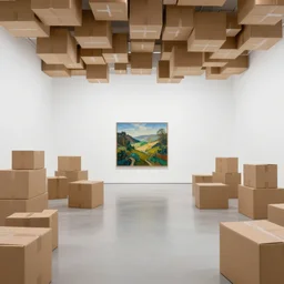 a white room in a modern art gallery with a parque floor, is filled!!! ( to the ceiling )!!! with ( cardboard boxes )!!! & & &, a single detailed landscape painting by anthony copely fielding on the back wall.