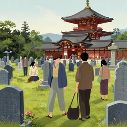 a very grungy looking artwork of some people at a cemetery in japan, painted in the style of a 1 9 7 0's illustration
